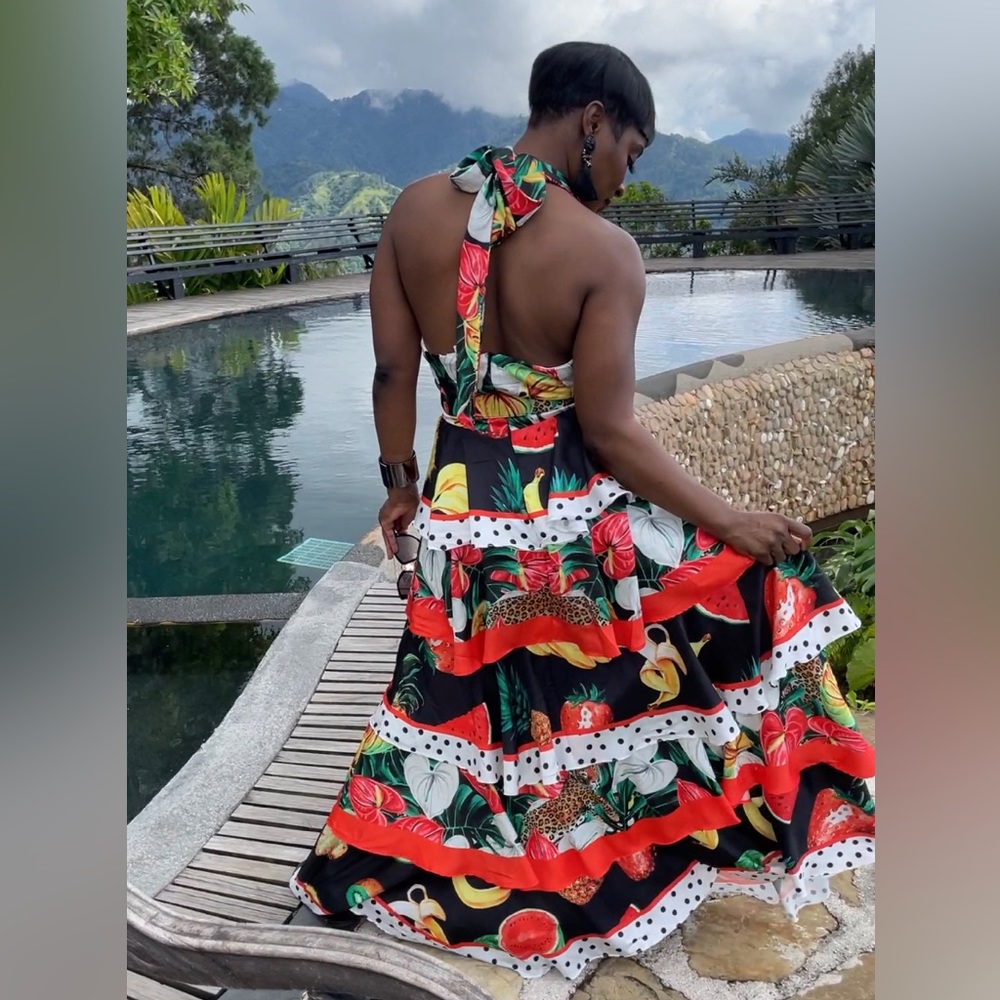 Ruffle Layered Fruit Print Maxi Dress